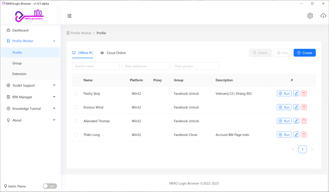 MMOLogin Browser interface — multi-account profile management